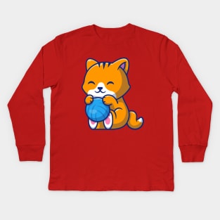 Cute Cat Playing Ball Cartoon (6) Kids Long Sleeve T-Shirt